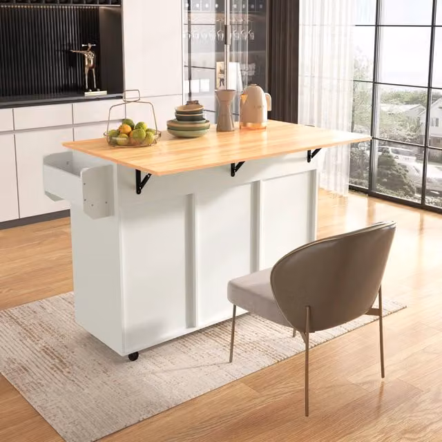 Carrello da cucina WISHDOR bianco con piano pieghevole, gambe in legno massello e ruote, L: 139 cm, P: 46 cm, H: 91,5 cm