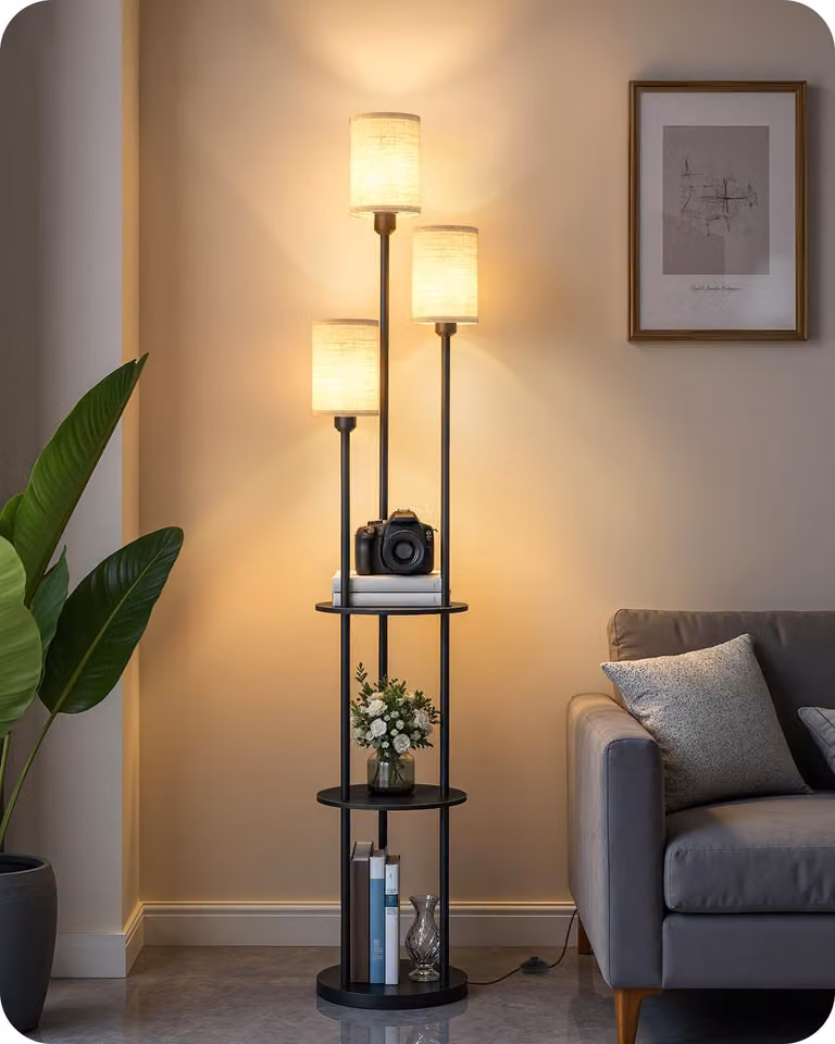 Lampada da terra per soggiorno con spazio contenitivo, lampada a sospensione vintage con 3 luci