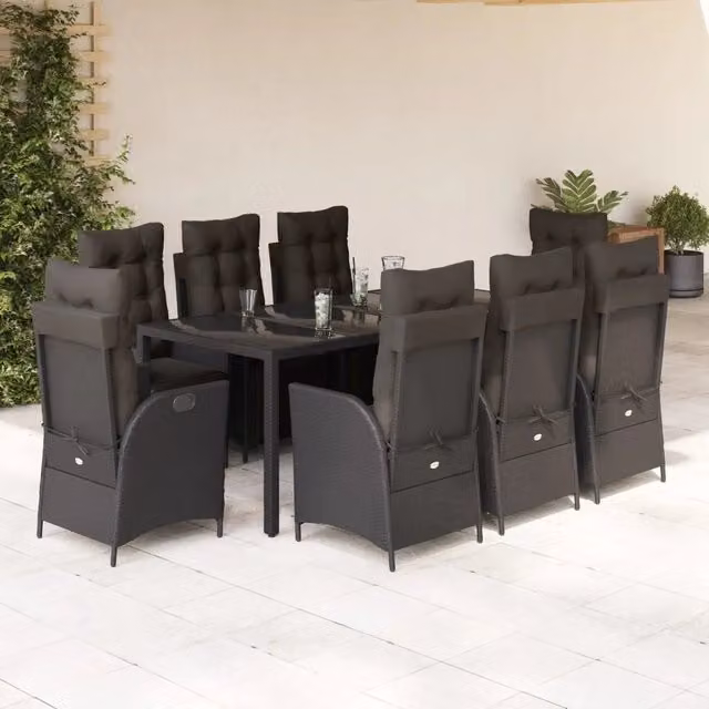 Set da pranzo da giardino vidaXL in polyrattan nero con cuscini e tavolo in vetro, 9 pezzi – 1