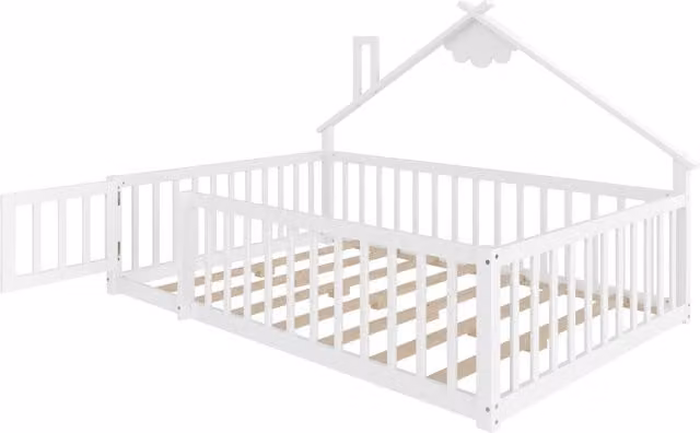 Letto a piatto per bambini - Zephmum- 140x190 cm- Casa, ringhiera con serratura- Pino, Bianco