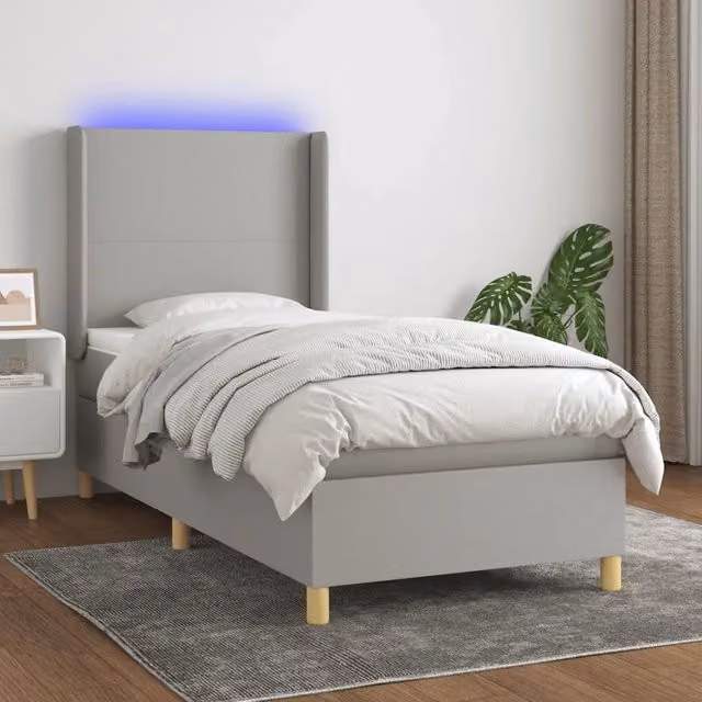Letto moderno vidaXL con materasso a molle, illuminazione LED sottostante e porta di ricarica USB, tessuto grigio e bianco, L/P: 100 x 200 cm