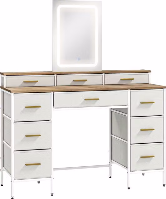 Toeletta HOMCOM con specchio e luci LED a 3 colori, 10 cassetti in tessuto, Legno naturale, L: 118,5 cm, P: 39,5 cm, H: 140 cm