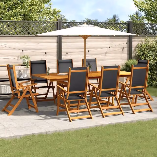 Set da giardino vidaXL in legno di acacia oliato e textilene, tavolo rettangolare estensibile e sedie, marrone e nero