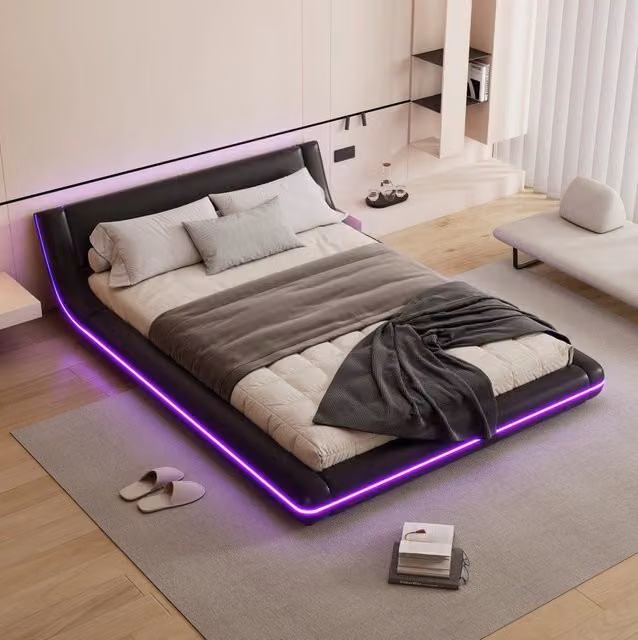 Letto a pavimento ULEVR 140x200 cm con LED RGB controllabili tramite app, rivestimento in PU nero