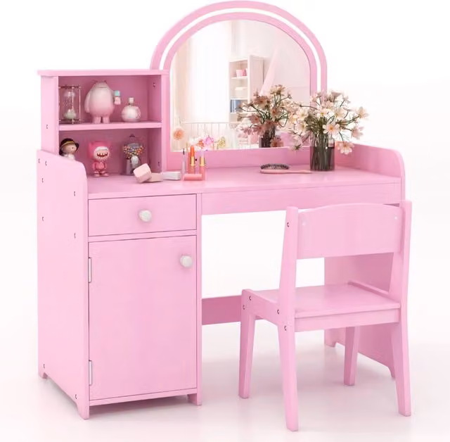 Set tavolo da trucco per bambini Hollywood con sedia e luci LED in legno rosa