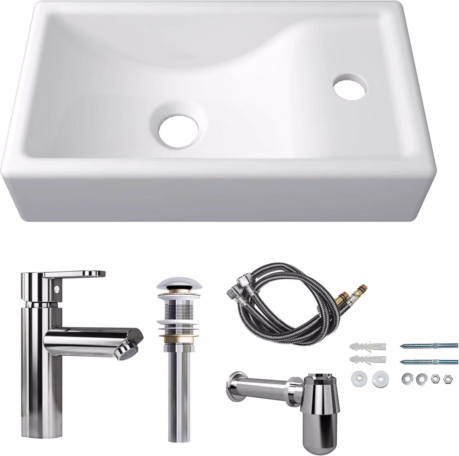 Lavabo 41 x 23 x 10 cm. Mini lavabo, lavabo da parete, in Vetroceramica, piccolo, foro rubinetto a destra, completo di rubinetto e sistema di scarico
