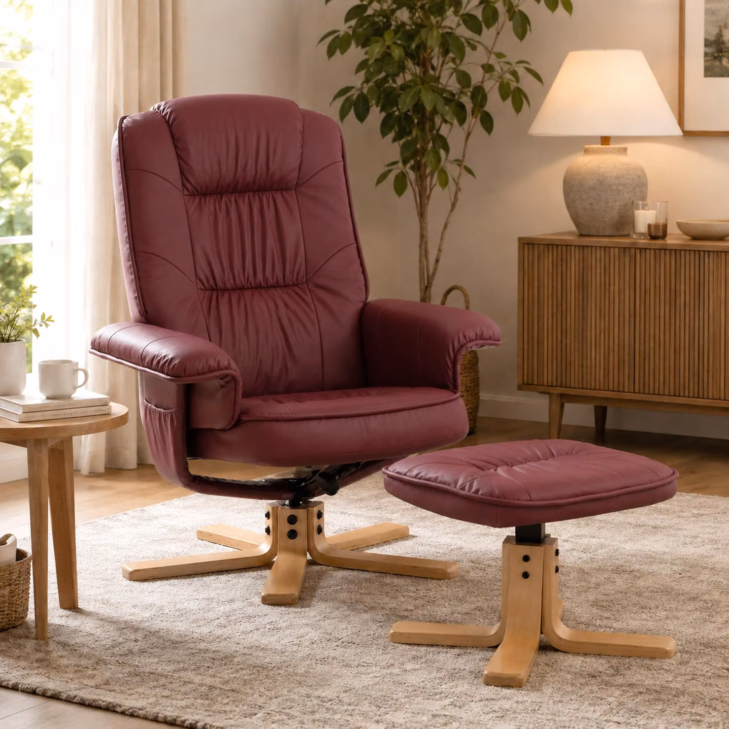 Poltrona relax M56, poltrona TV Poltrona TV con sgabello pouf, Similcuoio, legno di eucalipto ® ~ bordeaux