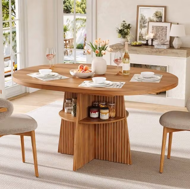 Tavolo da pranzo rotondo allungabile ULEVR 110-150x110 cm con ripiano inferiore, MDF effetto noce
