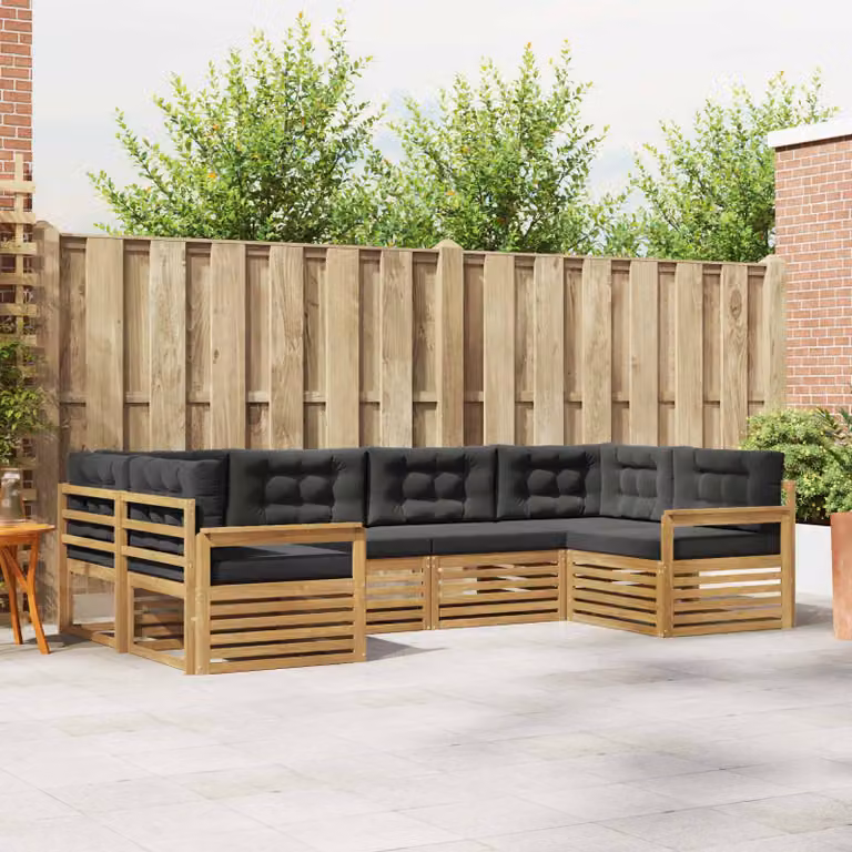 vidaXL Set di divani da esterno a L in legno di acacia con cuscini, 6 pezzi, Bianco e Antracite