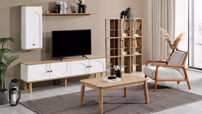 Set di mobili scandinavo: mobile TV a basso profilo, tavolino e 2 mensole da parete