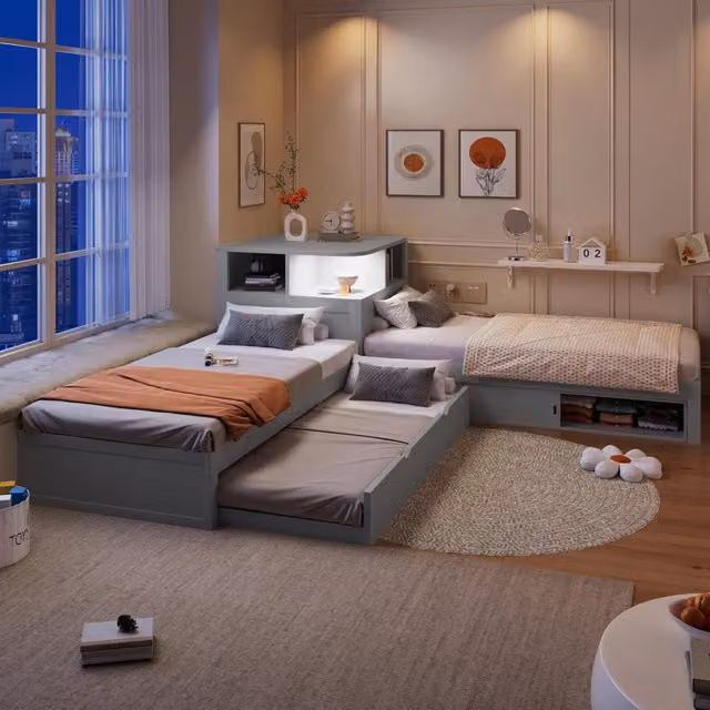 Letto Piattaforma REDOM con Letto Estrattibile e Contenitore, Grigio, L 90 x 200 cm