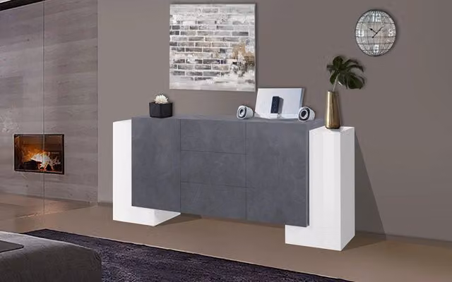 Credenza con 4 Ante e 3 Cassetti 210x45x85 cm Pillon Side 4A 3C Bianco Lucido/Report Grigio