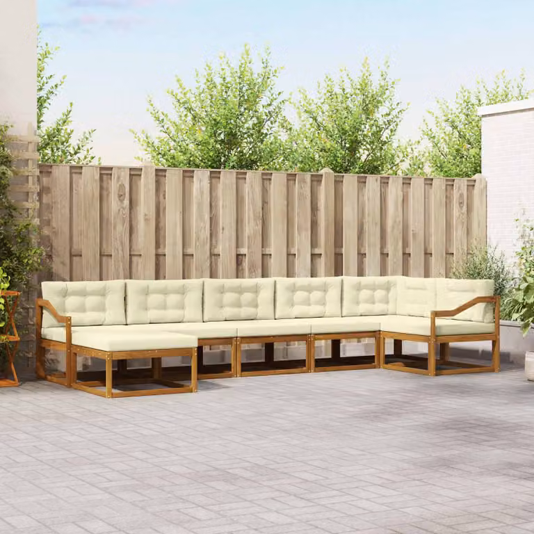 vidaXL Set di divani da esterno 7 pz a forma di L in legno di acacia con cuscini beige e bianco