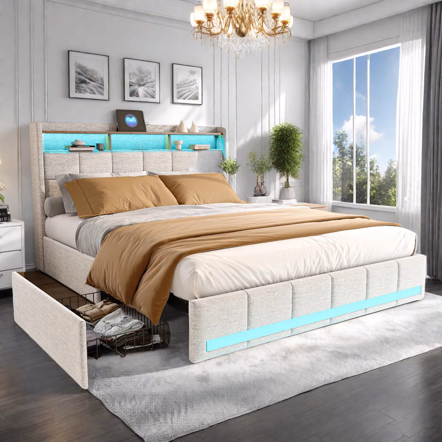 Letto funzionale Fortuna Lai letto imbottito 140x190 cm, letto matrimoniale con ricarica USB e vano contenitore sulla testata, lino, beige