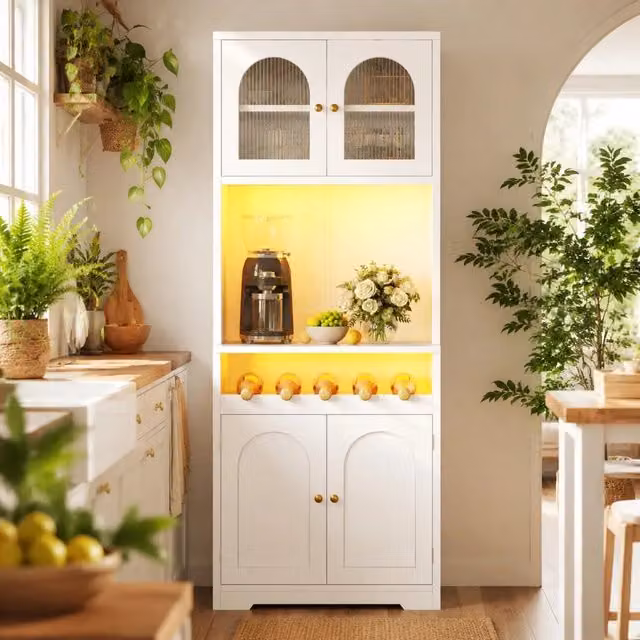 Credenza alta bianca 180 cm con LED RGB, vetrina e portabottiglie