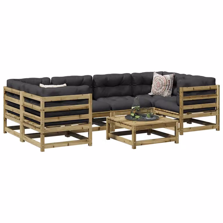 Set di Divani da Giardino vidaXL in Legno di Pino Impregnato, 7 Pezzi, Colore Marrone e Grigio con Cuscini Inclusi