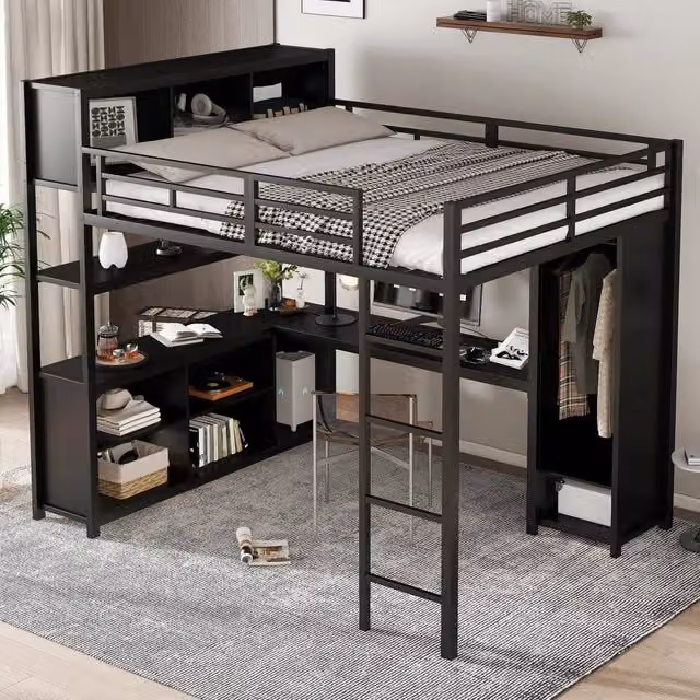 Letto a soppalco matrimoniale 140 × 200 cm con scrivania, armadio e ripiani, senza materasso, nero