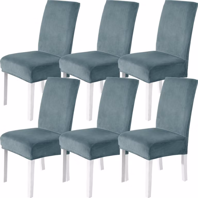 Copri sedie in velluto, set da 6, color grigio-blu, elasticizzati, lavabili, adatti a sedie con schienale alto e sedie a dondolo