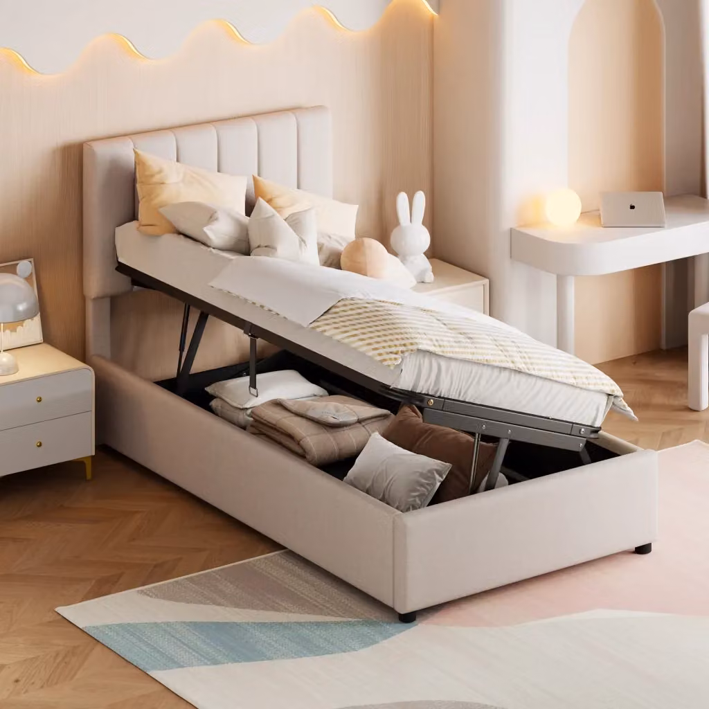 Letto Singolo per Bambini Chicfurn con Contenitore Idraulico e Testiera Regolabile, Beige, L/P/H: 200 x 90 x 105 cm – 2