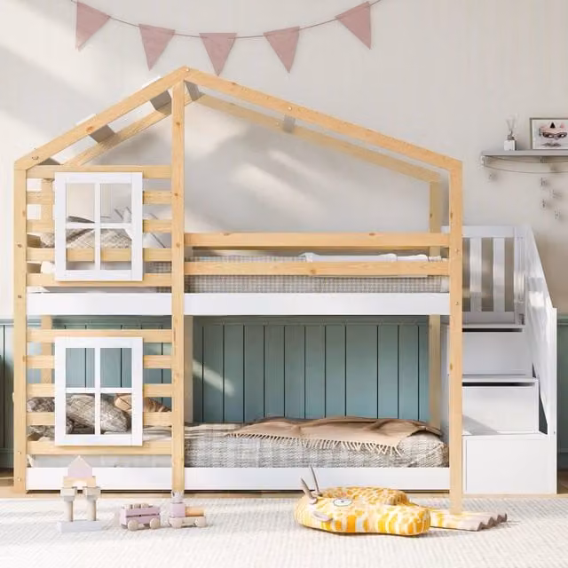 Letto a castello per bambini 90x200 cm a casetta con design ad albero; cassetti contenitore; legno massello e MDF; bianco e naturale