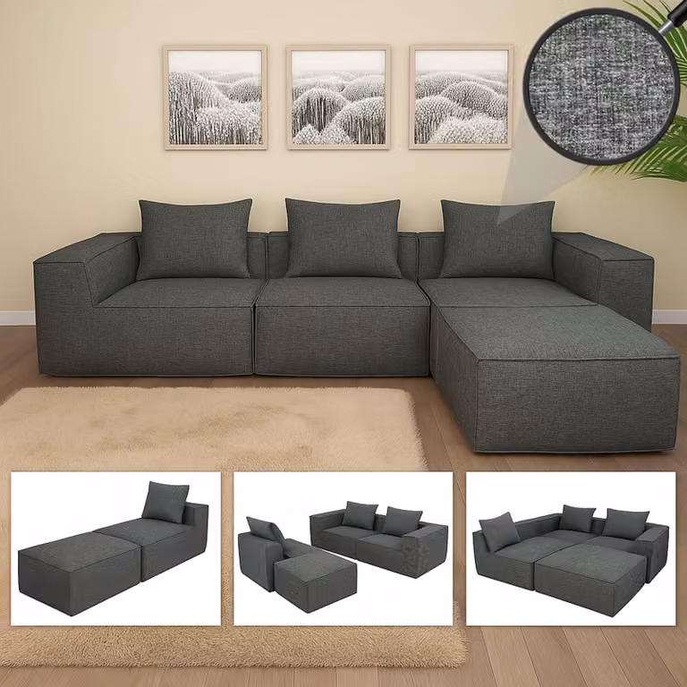 L-Sofa HWC-O54, divano lounge con pouf, allungabile e modulare a destra/sinistra, tessuto/tessuto 63x270x190cm ~ grigio scuro