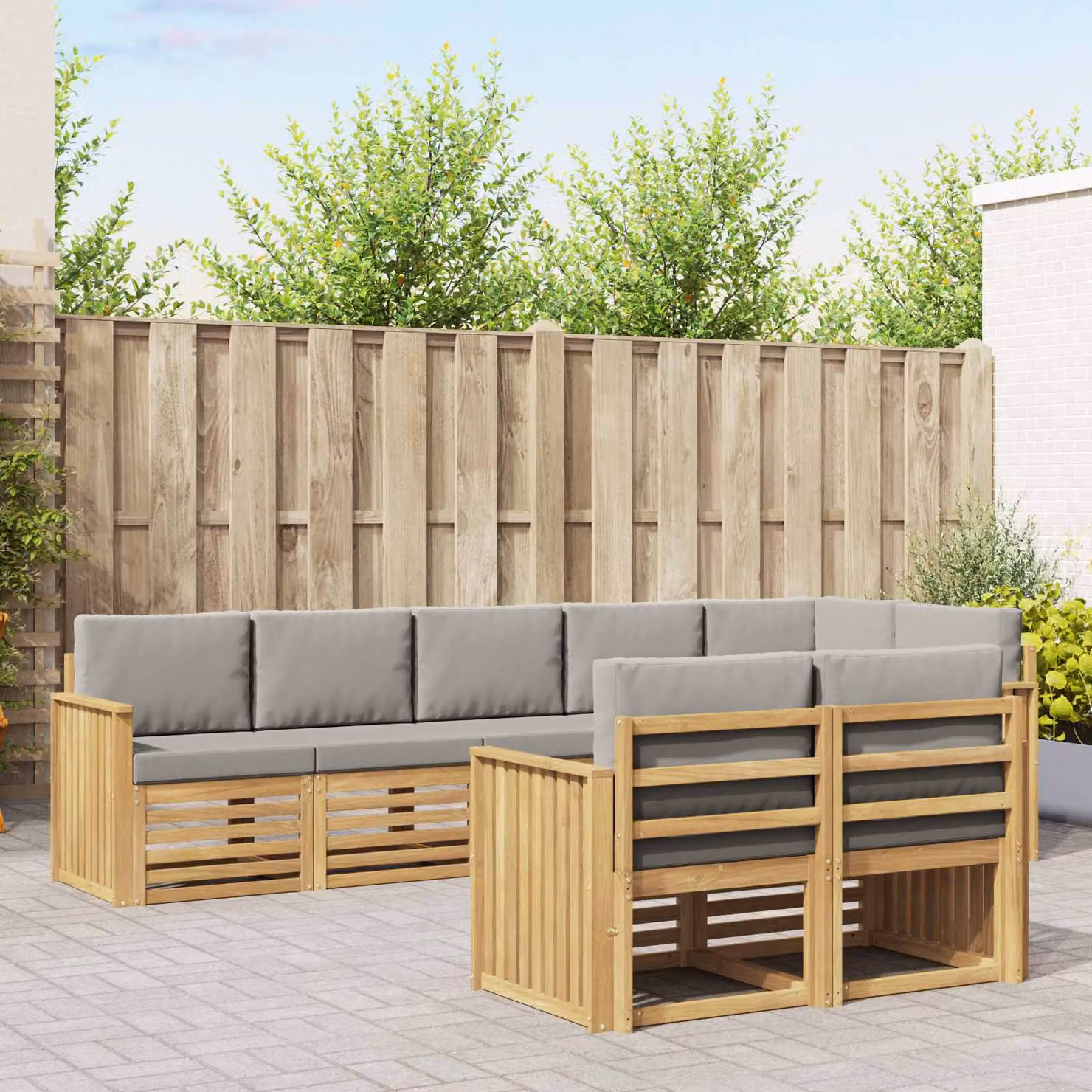 vidaXL Set di divani da esterno 8 pz a forma di L in legno di acacia con cuscini bianchi e grigi