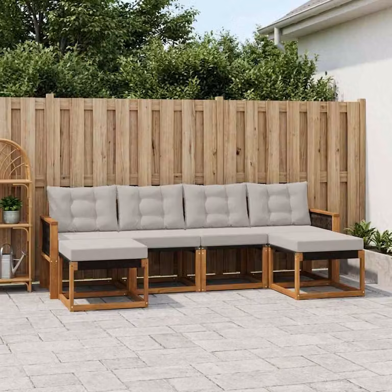 Set di divani da esterno a L vidaXL in legno di acacia e textilene, 6 pezzi, Beige e Grigio