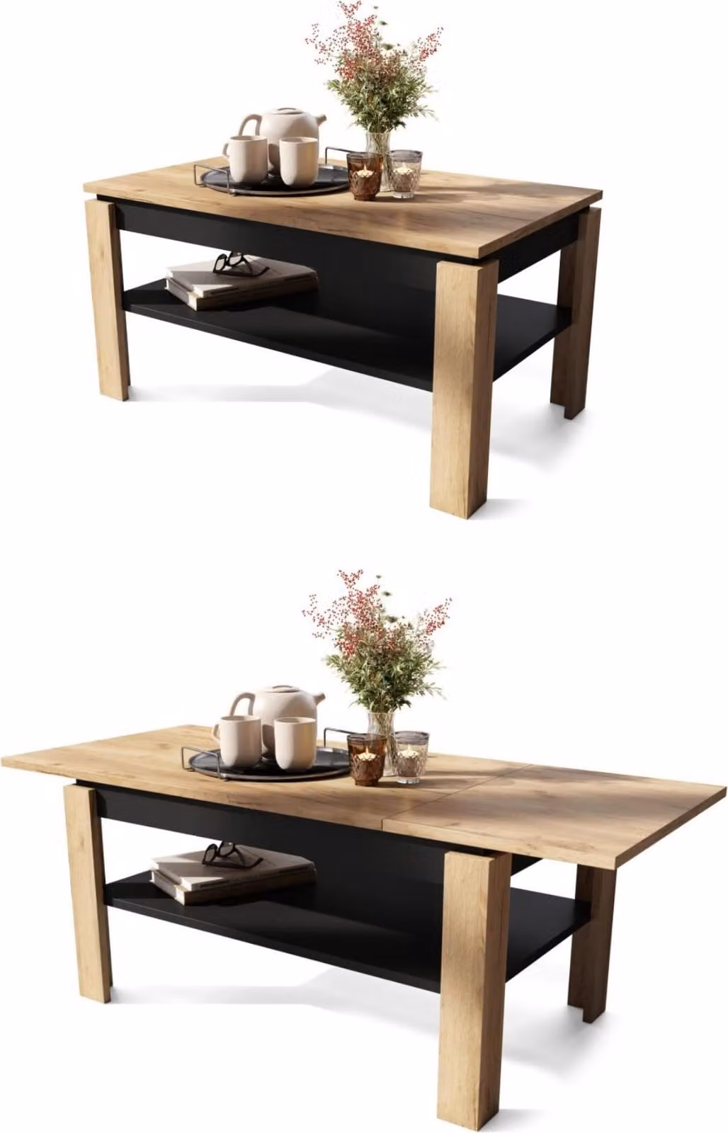 Tavolino All4All Asti, modello R, tavolino da soggiorno, tavolino da caffè, con spazio contenitivo, tavolino da divano con ripiano, estendibile fino a 140 cm, dimensioni 100x60 cm, finitura: rovere dorato e nero, codice prodotto: 05