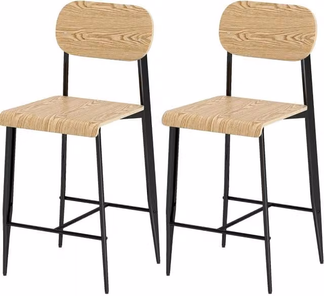Set di 2 Sgabelli da Bar in Legno Naturale e Metallo Nero, Altezza Seduta 66 cm, Stile Industriale