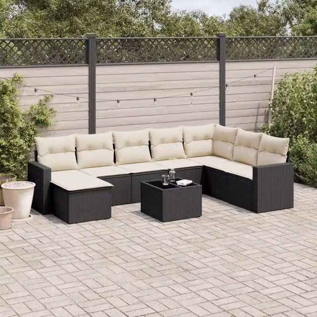 Set Divani da Giardino 9 pz con Cuscini Nero in Polyrattan 3251703
