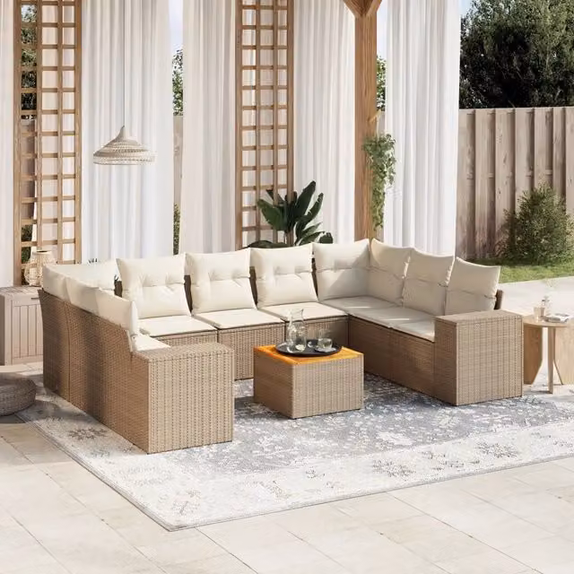 Set Divano da Giardino vidaXL in Polyrattan Beige con Cuscini e Tavolino da Esterno – 1