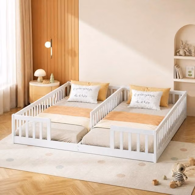 Letto per bambini doppio 90x200 cm con spondine di sicurezza; in pino e MDF; bianco
