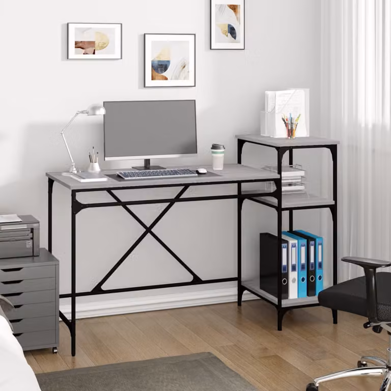 Scrivania da ufficio con ripiani vidaXL in stile industriale, colore grigio, realizzata in legno e metallo, L 135 cm x P 50 cm x H 90 cm