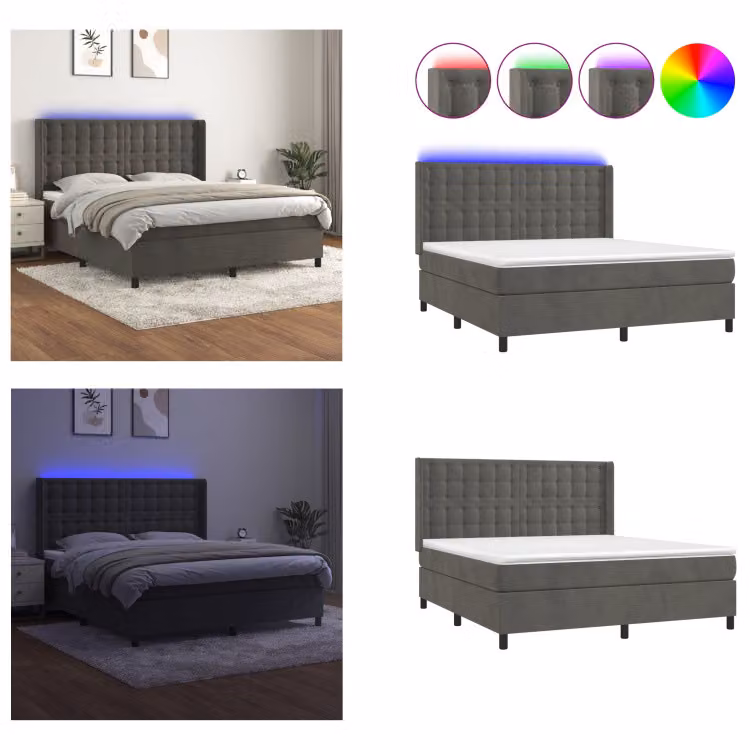 vidaXL Letto a molle con materasso e LED in velluto grigio scuro 160x200 cm - Letto a molle - Boxspringbetten - Bett - Betten