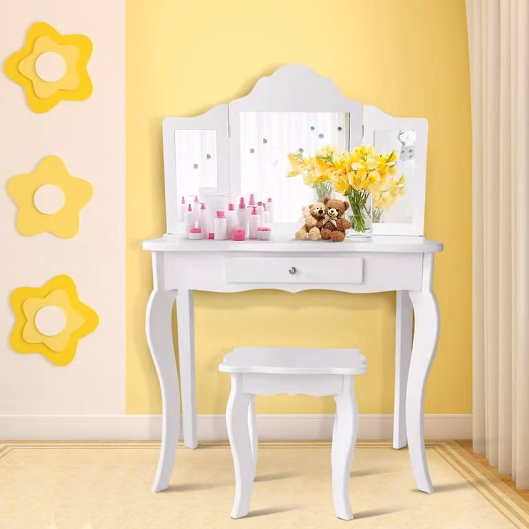 COSTWAY Tavolo da toilette per bambini con sgabello e specchio rimovibile, tavolo da toilette per bambine in legno, tavolo per bambini con cassetto, tavolo con specchio 70x34x103cm (bianco)