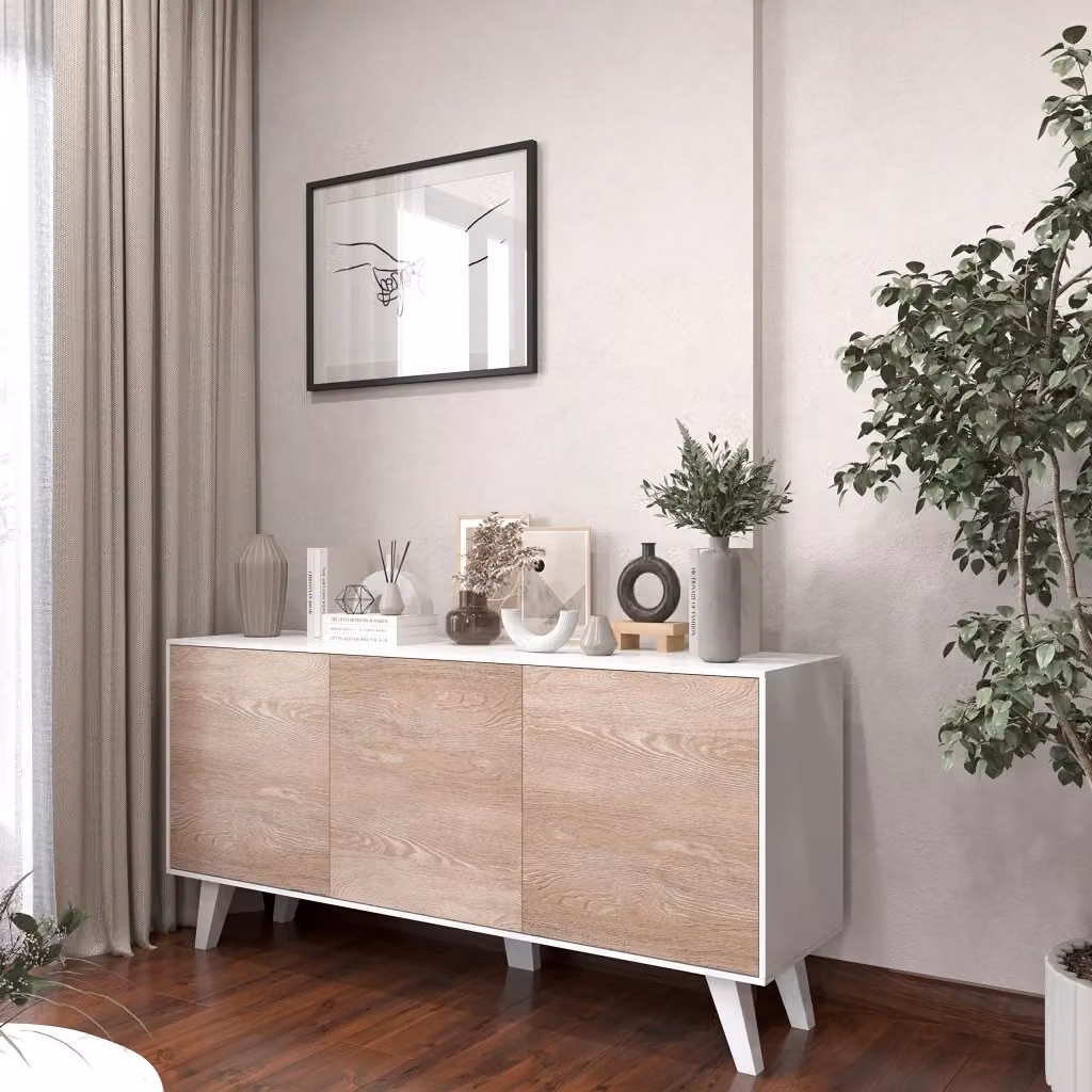 Mobiletto Credenza Moderno con 3 Ante Bianco Lucido e Rovere Chiaro per Soggiorno, Ingresso o Sala da Pranzo L: 154 cm, P: 41 cm, H: 75 cm – 2