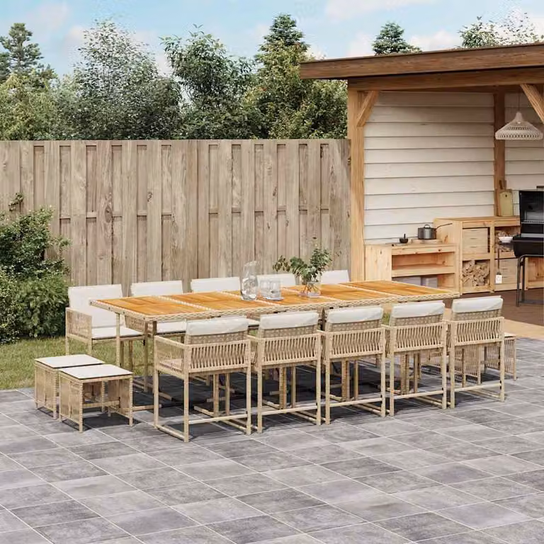 Set da pranzo da giardino vidaXL in polyrattan con cuscini beige e legno di acacia, 15 pezzi