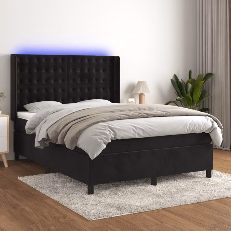 Letto a Molle con Materasso Ibrido vidaXL in Velluto Nero con Illuminazione LED e Porte USB L/P/H: 140 x 190 cm