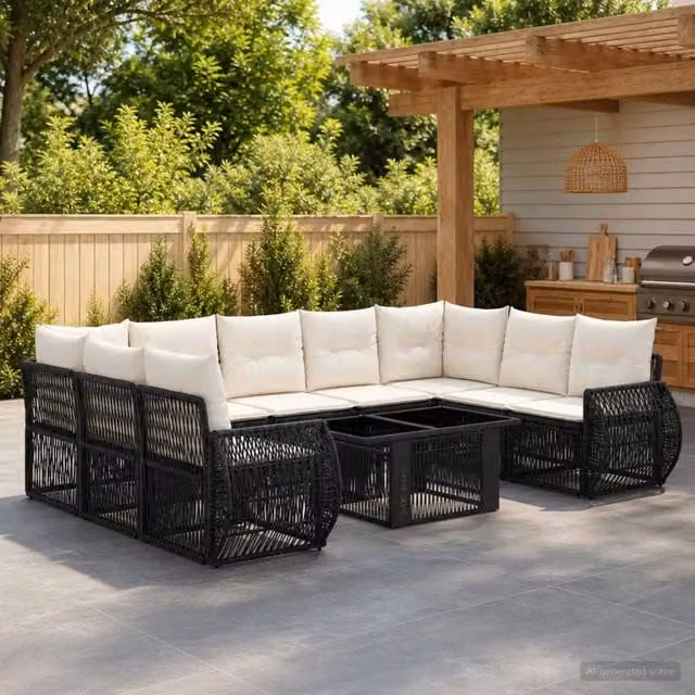 Set Divano da Giardino vidaXL in Polyrattan Nero e Bianco con Cuscini e Tavolino da Caffè