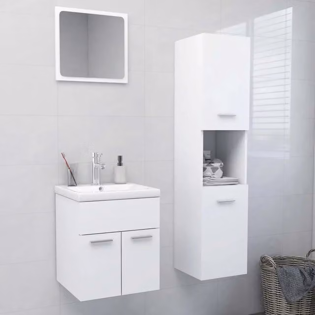 Set Mobili da Bagno Moderno vidaXL Bianco in MDF con Mobile Lavabo, Colonna e Armadietto Specchio a Parete