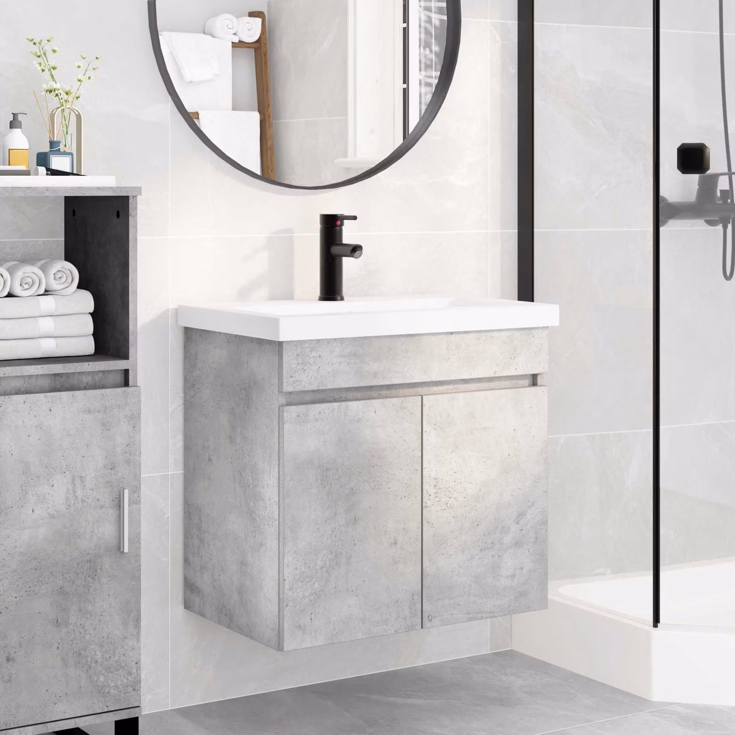 Mobile bagno moderno vidaXL con rubinetto, Grigio Cemento, L: 61 cm, P: 40 cm, H: 74,5 cm
