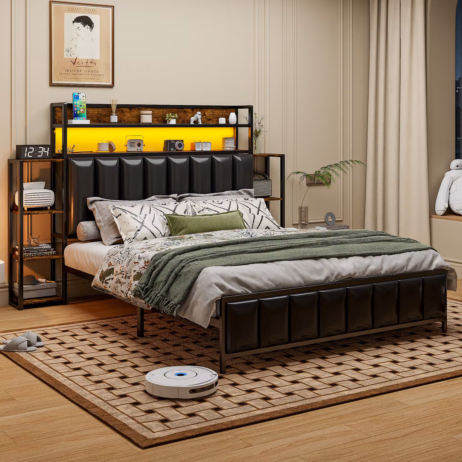 Letto imbottito AIORBER, 140x200 cm, con illuminazione LED, struttura in metallo, doppi ripiani, Similcuoio, ripiani bifacciali, letto matrimoniale, nero
