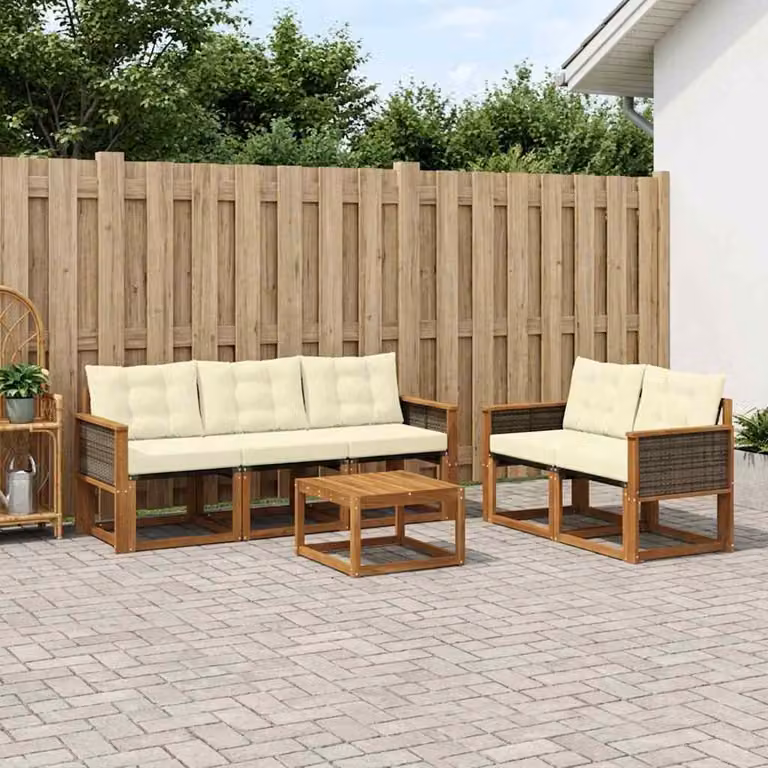 Set di divani da esterno moderno vidaXL in legno di acacia e textilene, 6 pezzi, Naturale e Crema