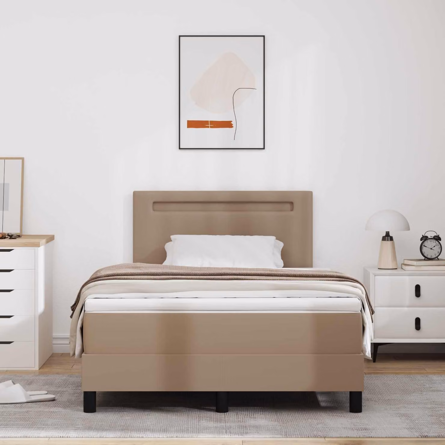 Letto matrimoniale con boxspring e testiera in ecopelle, color cappuccino, dimensioni 120 x 200 cm
