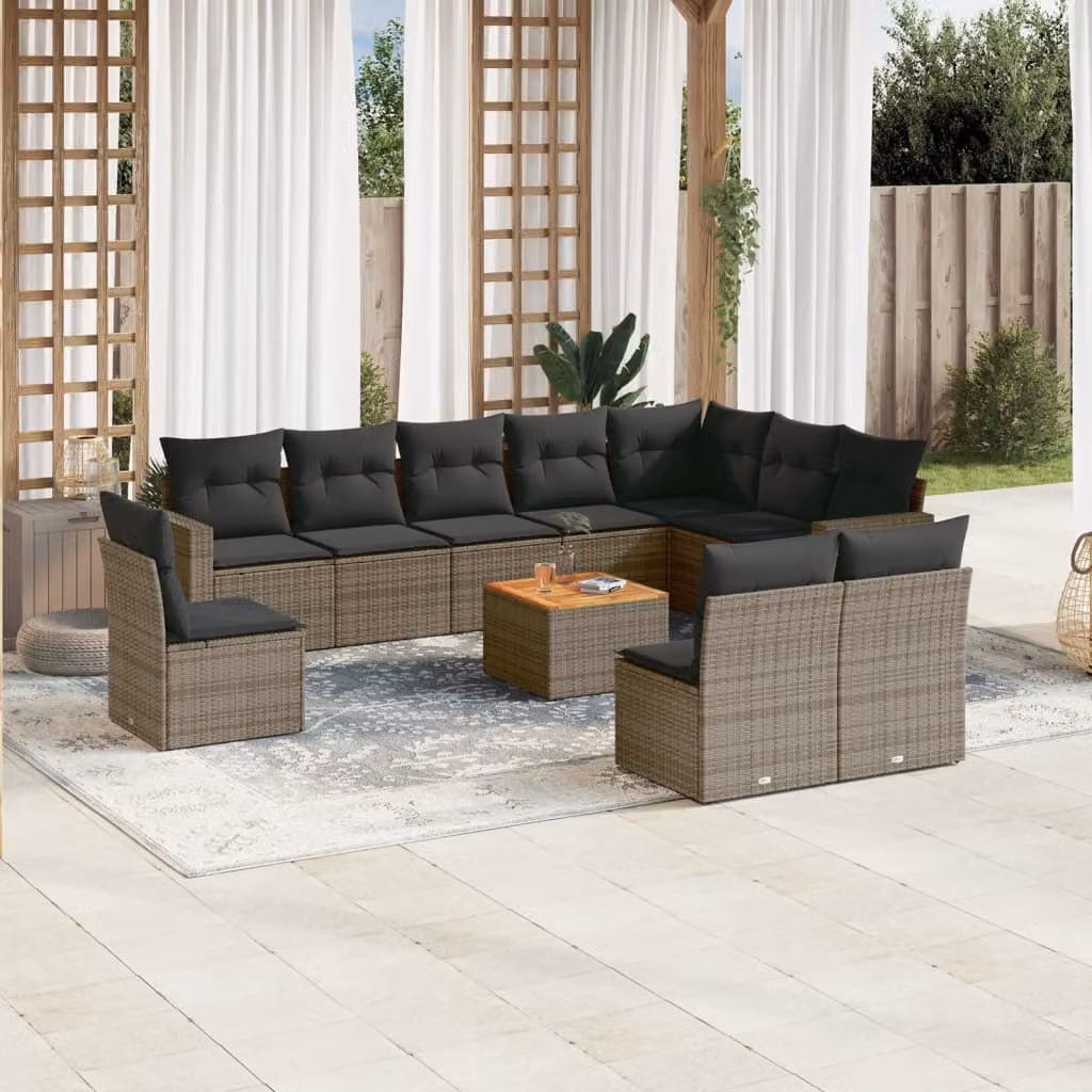 vidaXL Set Divani da Giardino a L 11 pz in Polyrattan Grigio con Cuscini e Tavolino – 1