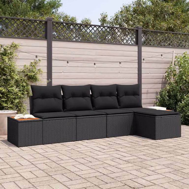 Set Divano da Giardino a L vidaXL in Polyrattan Nero con Cuscini e Tavolino da 6 Pezzi