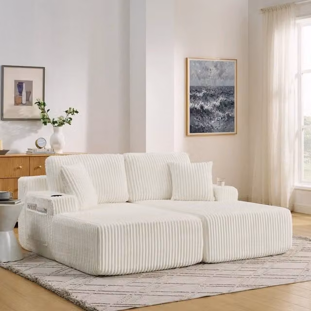 Divano Letto 2 Posti Relax ¨C Xylo ¨C Tessuto a Coste, Beige, con Cuscini e Poggiapiedi