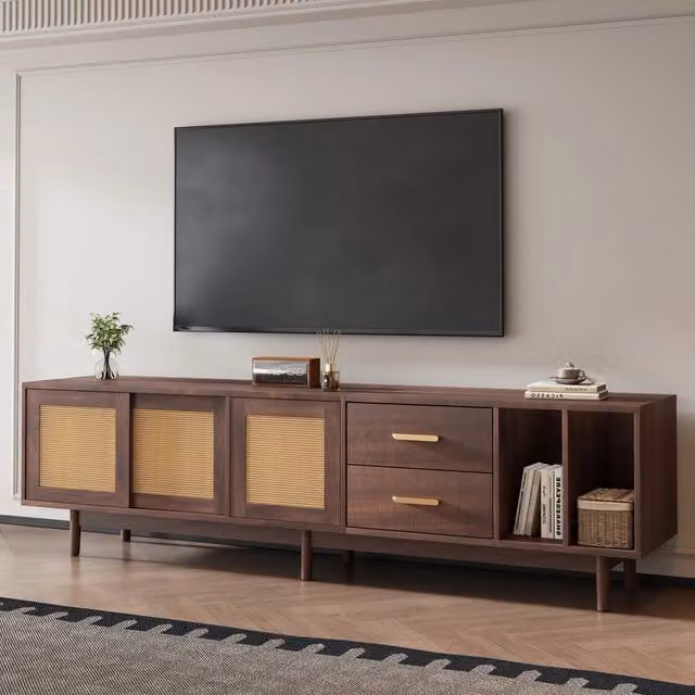 Mobile TV con 3 ante scorrevoli, 2 cassetti e 2 vani aperti, in MDF e rattan marrone, per soggiorno, 190 × 40 × 52 cm