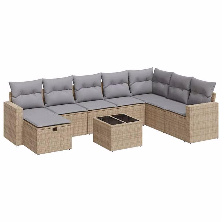 Set Divano da Giardino 9 pz con Cuscini Beige in Polyrattan
