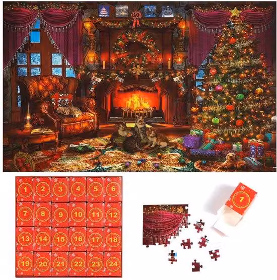 Set di puzzle natalizio con calendario dell'Avvento, dimensioni 70 x 50 cm, 24 scatole, 1008 pezzi, ideale per il periodo natalizio, per la casa, per bambini e adulti, come regalo, con motivo di gatti